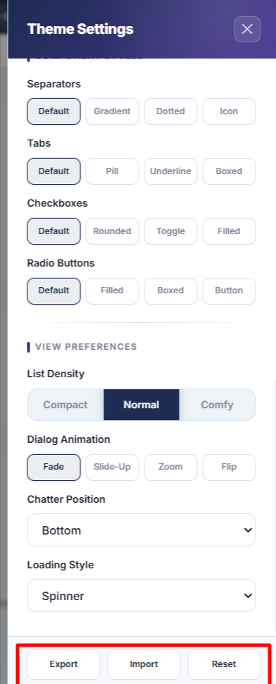 Export, Import &amp; Reset