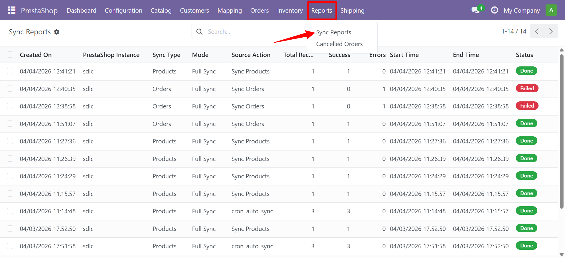Sync Reports List