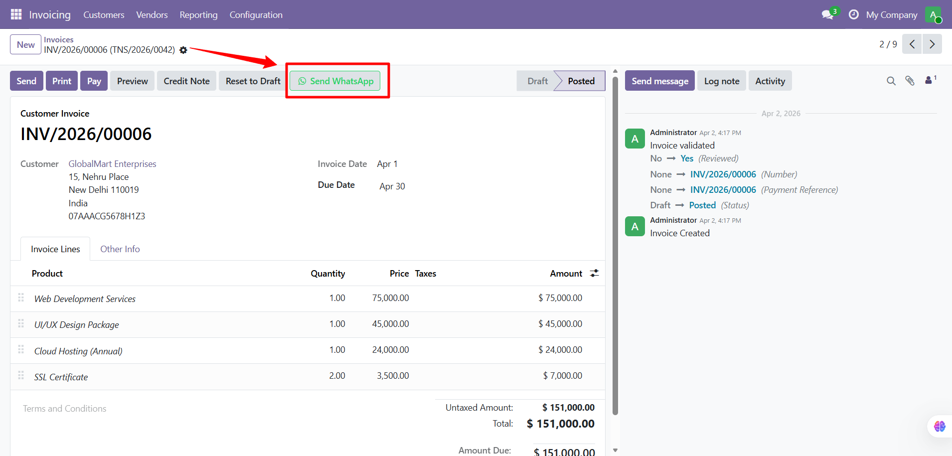 Send WhatsApp on Invoice