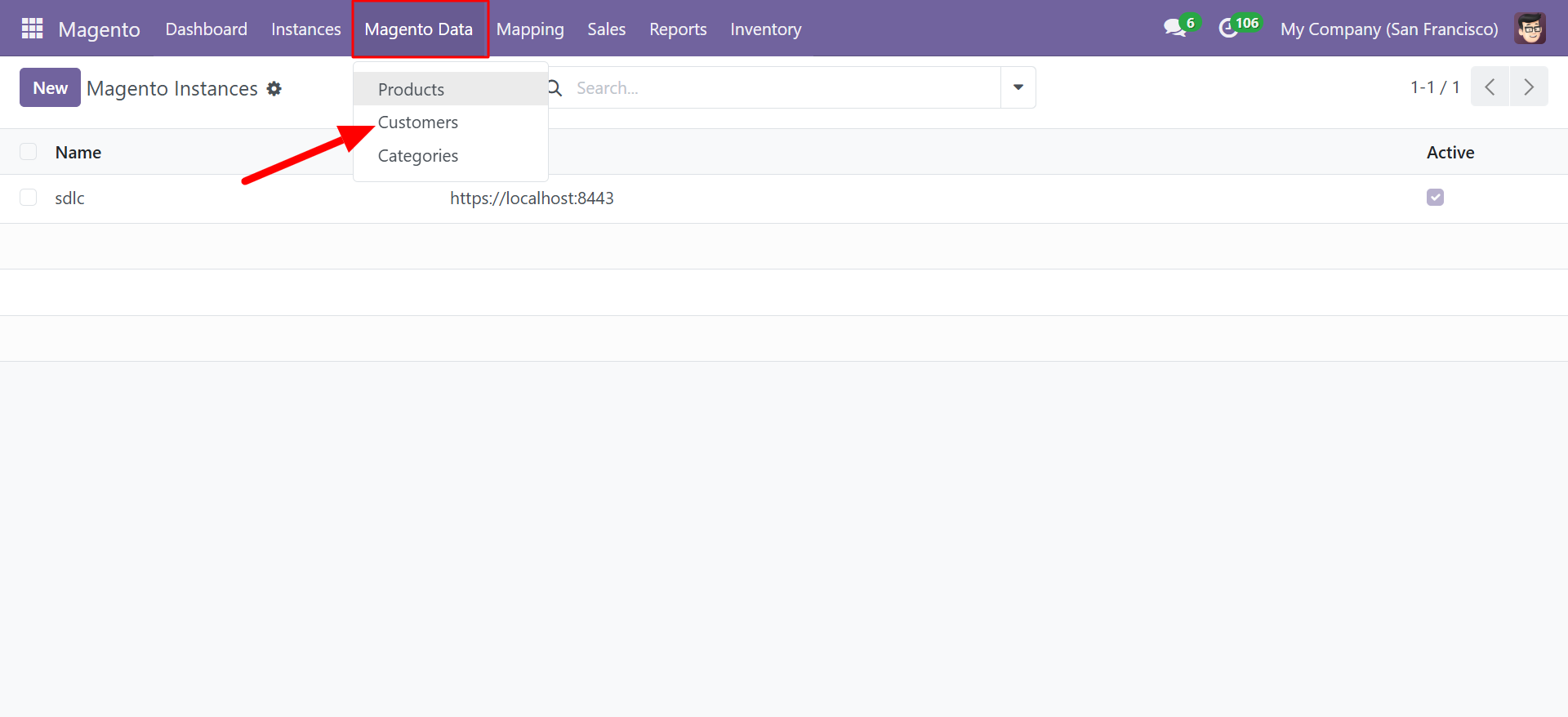 Magento Data menu showing Customers option
