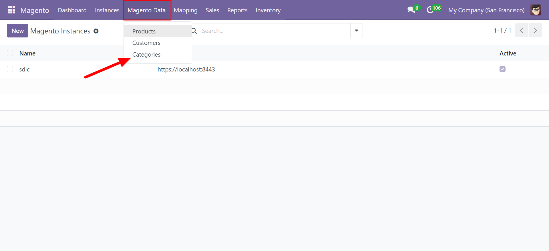Magento Data menu showing Categories option