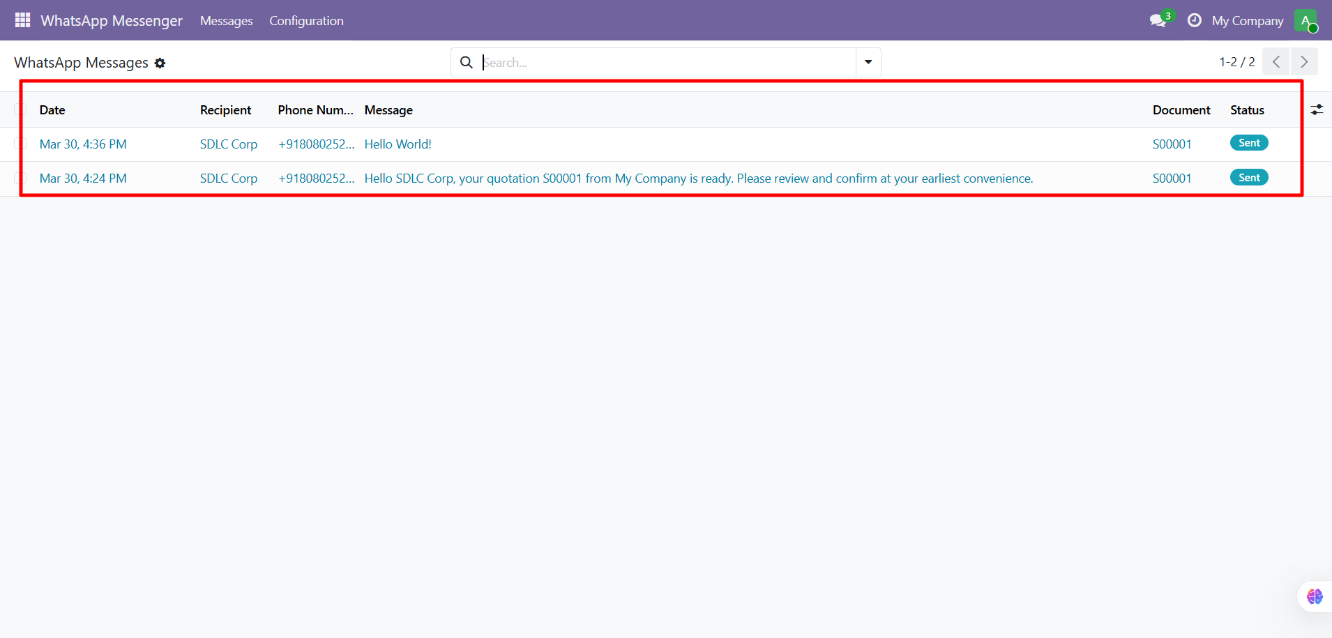 Messages Log