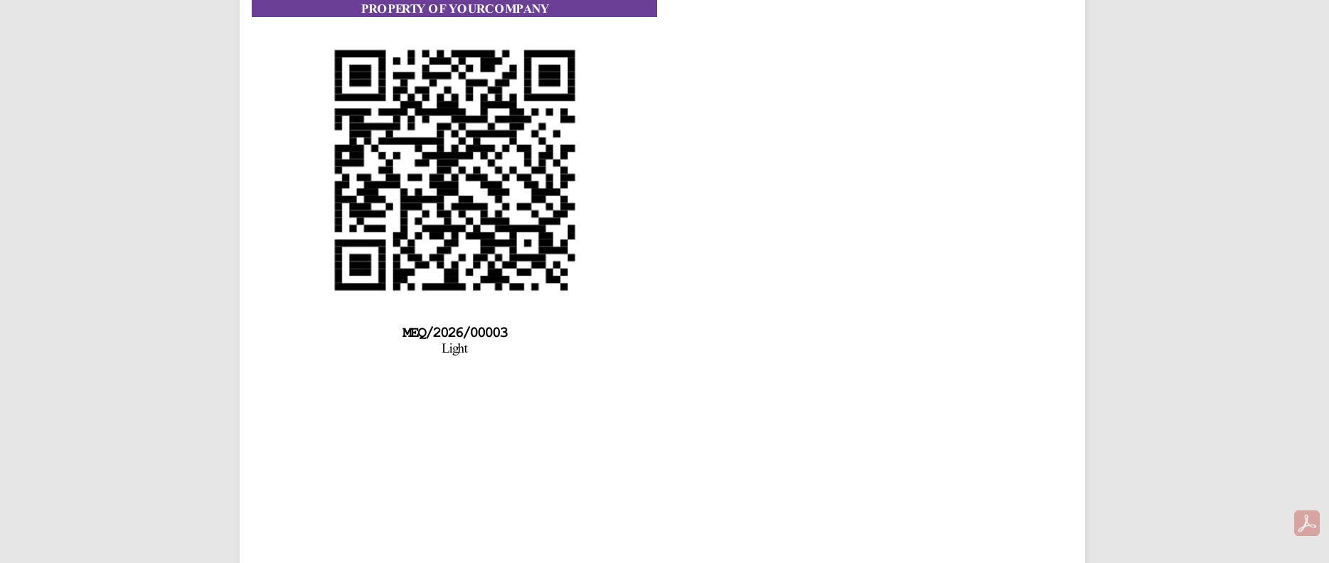 Printed QR label with purple header, QR code, equipment code, and name