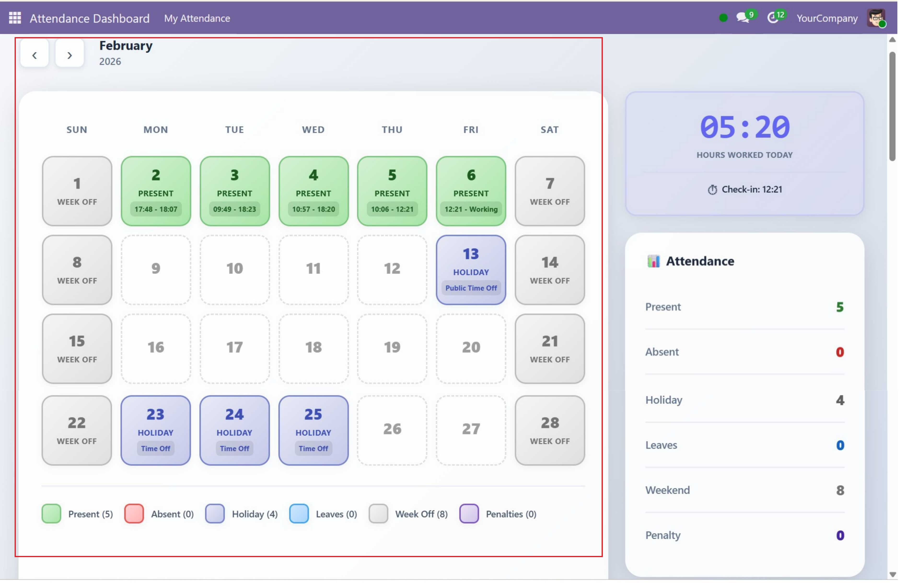 Monthly Attendance Calendar