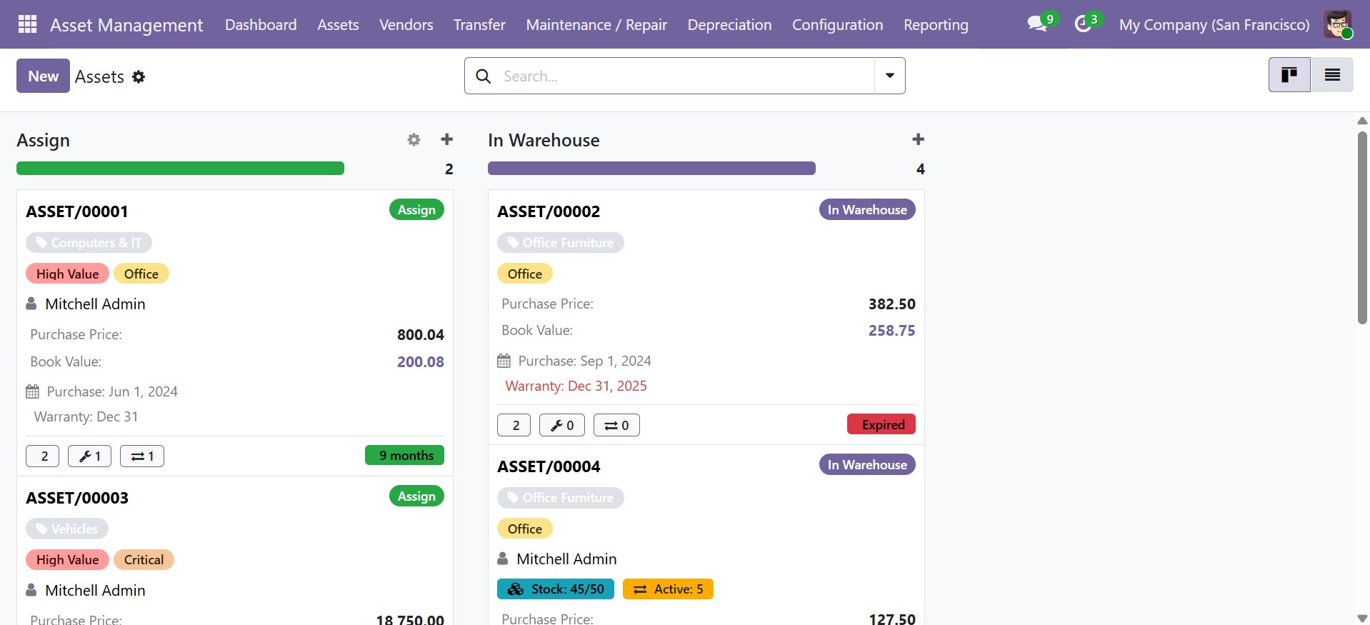 Asset Kanban view showing assets grouped by status with details like purchase price, book value, and warranty