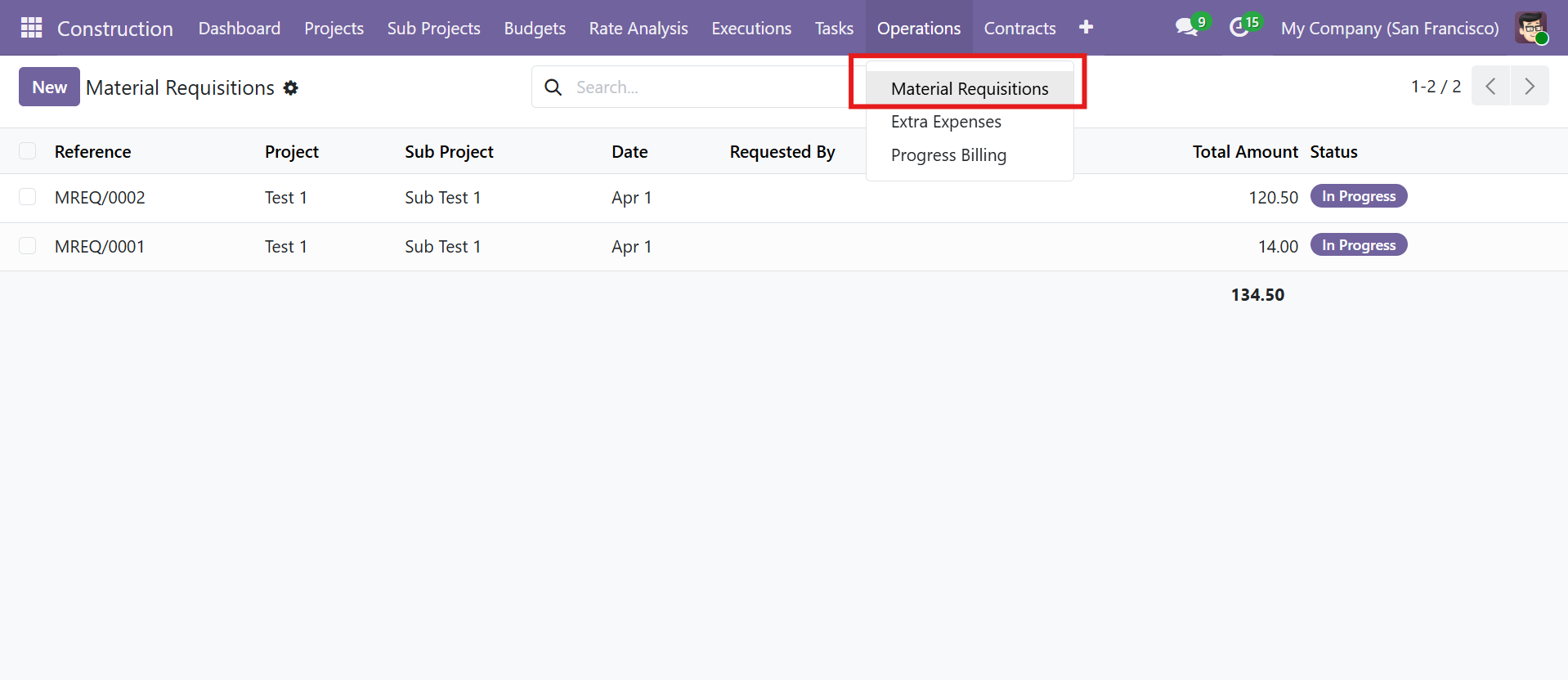 Material Requisitions List View
