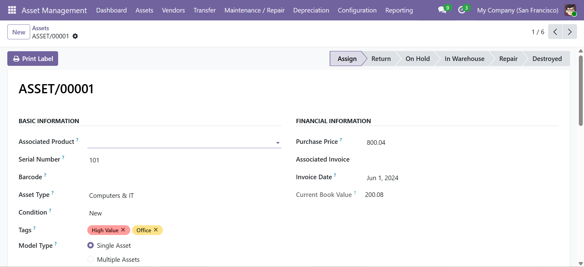 Asset form showing basic information and financial details for ASSET/00001