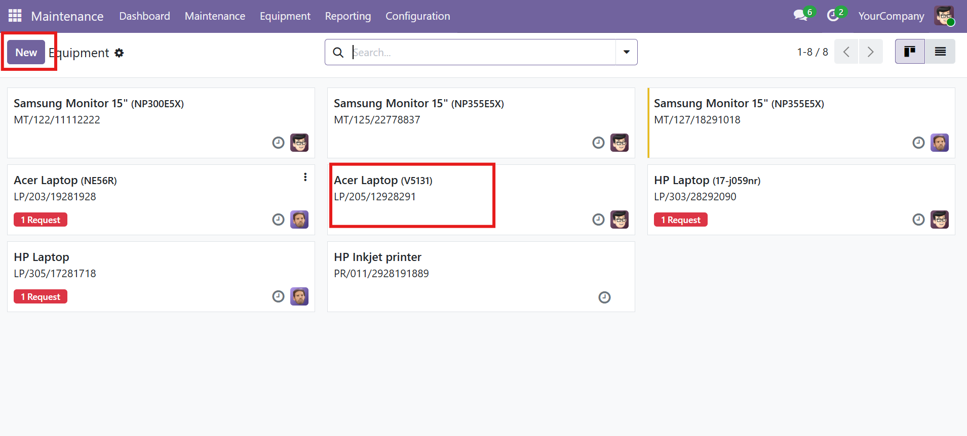 Equipment list view showing equipment with auto-assigned codes