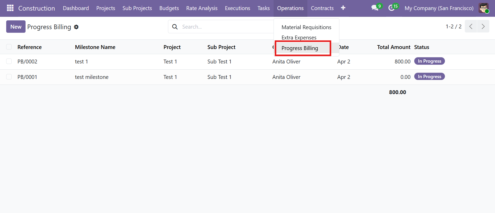 Progress Billing List View