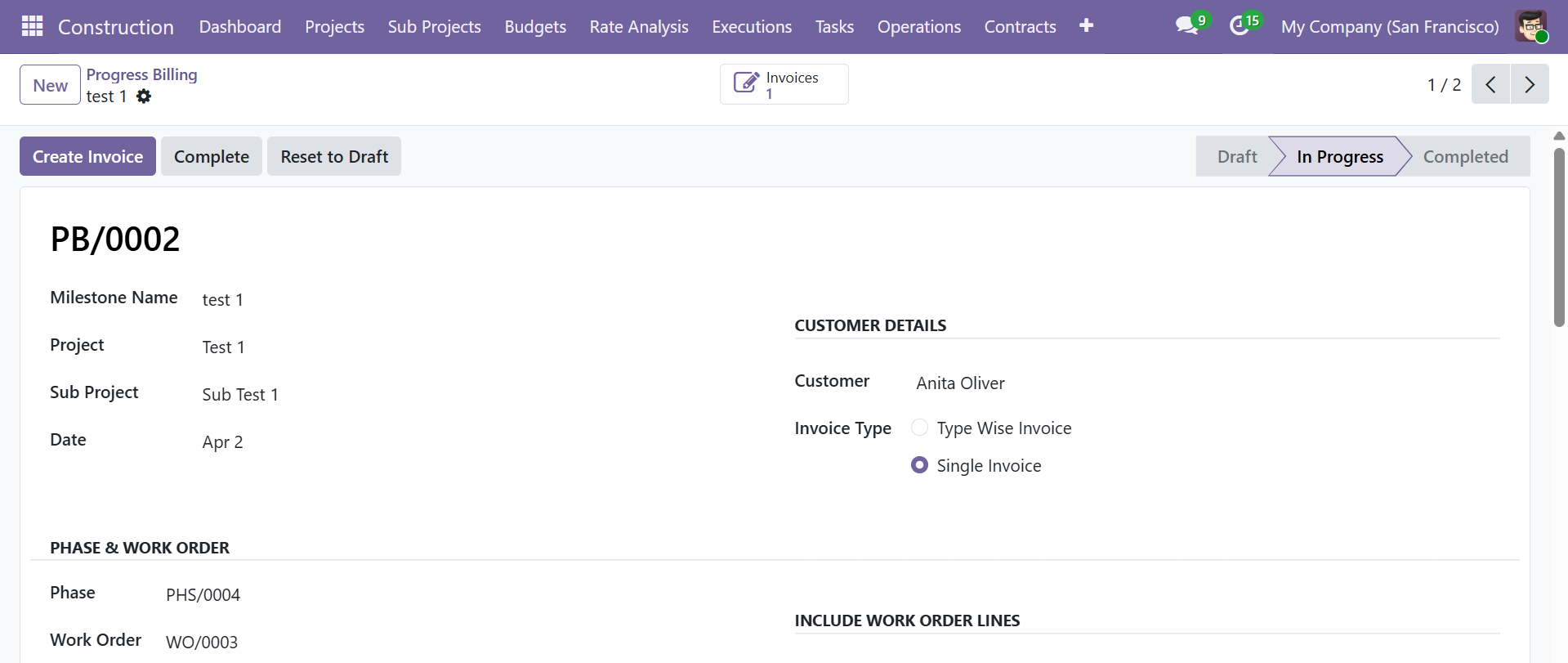 Progress Billing Form - Header