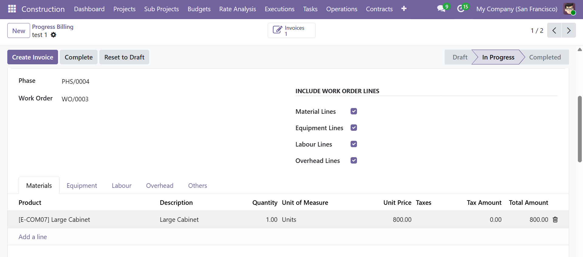 Progress Billing - Work Order Lines