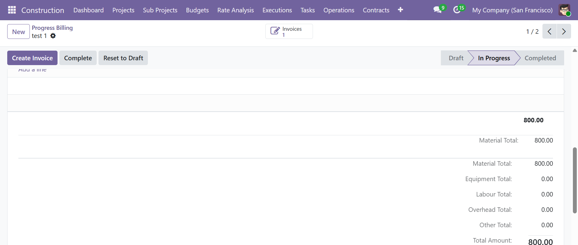Progress Billing - Totals