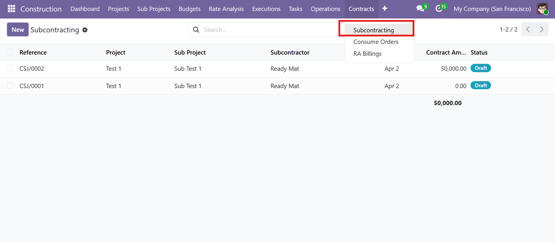 Subcontracting List View