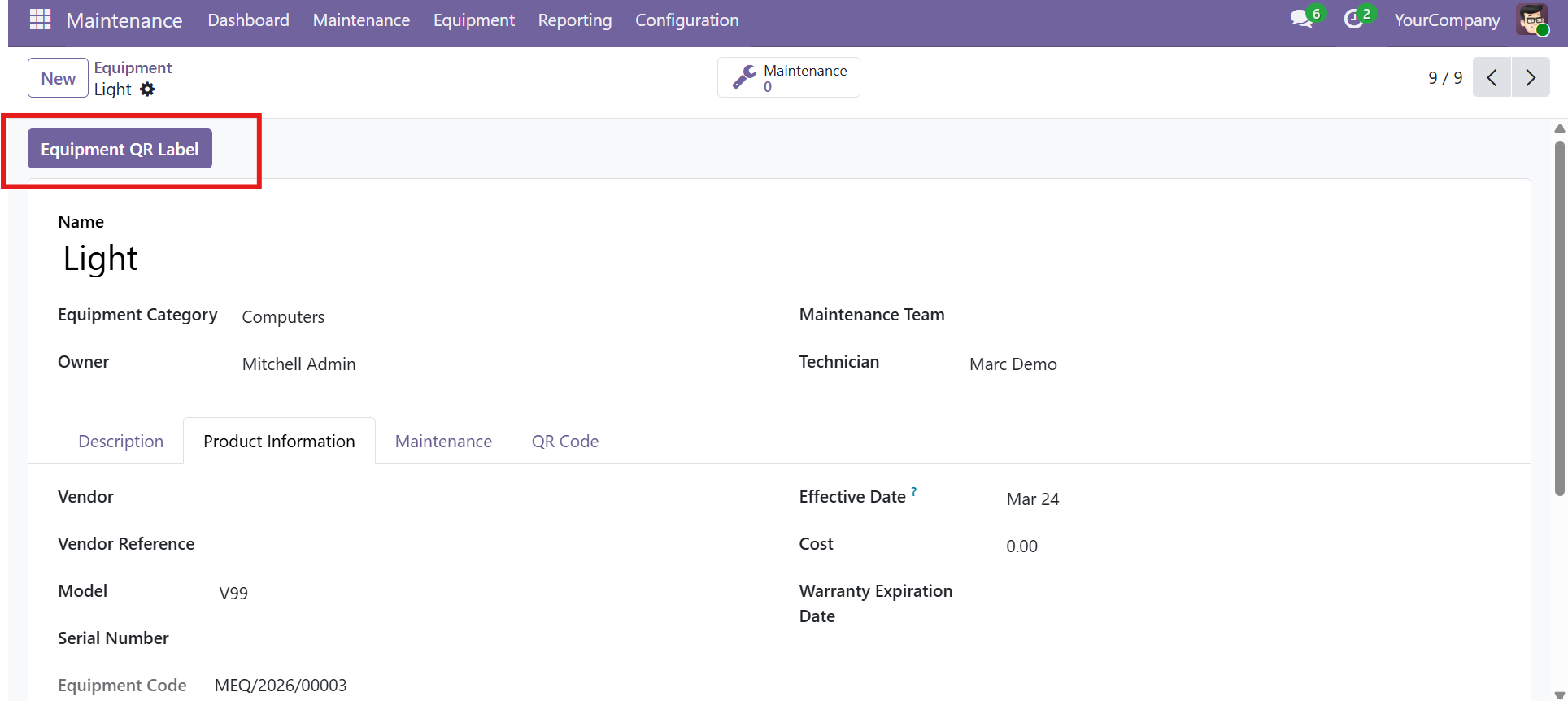 Equipment form showing the Equipment QR Label button, Equipment Code, and Generate Code link