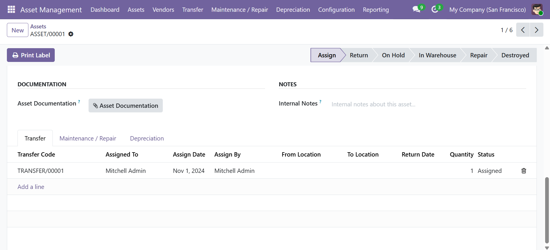 Asset form documentation tab showing attached documents, internal notes, and transfer history