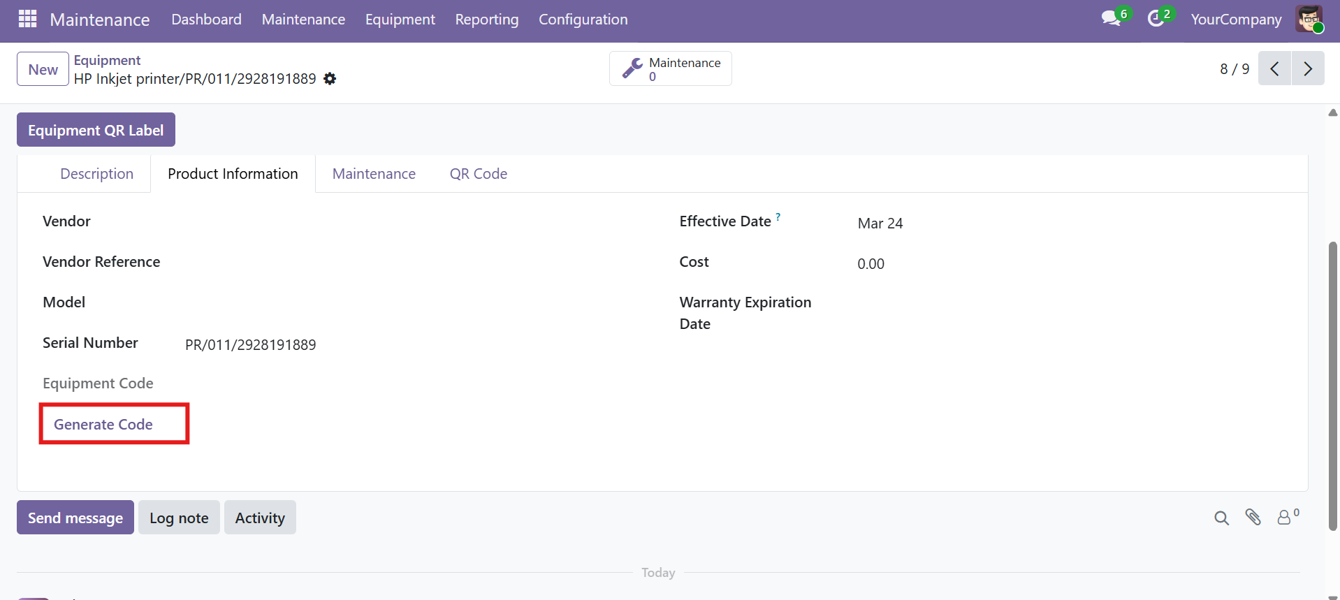Generate Code button visible for Equipment Managers when no code exists