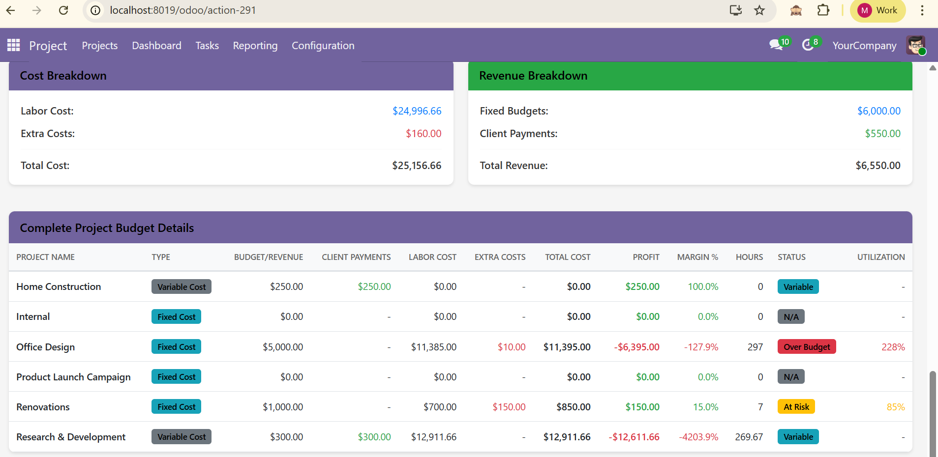 Complete Project Budget Details table