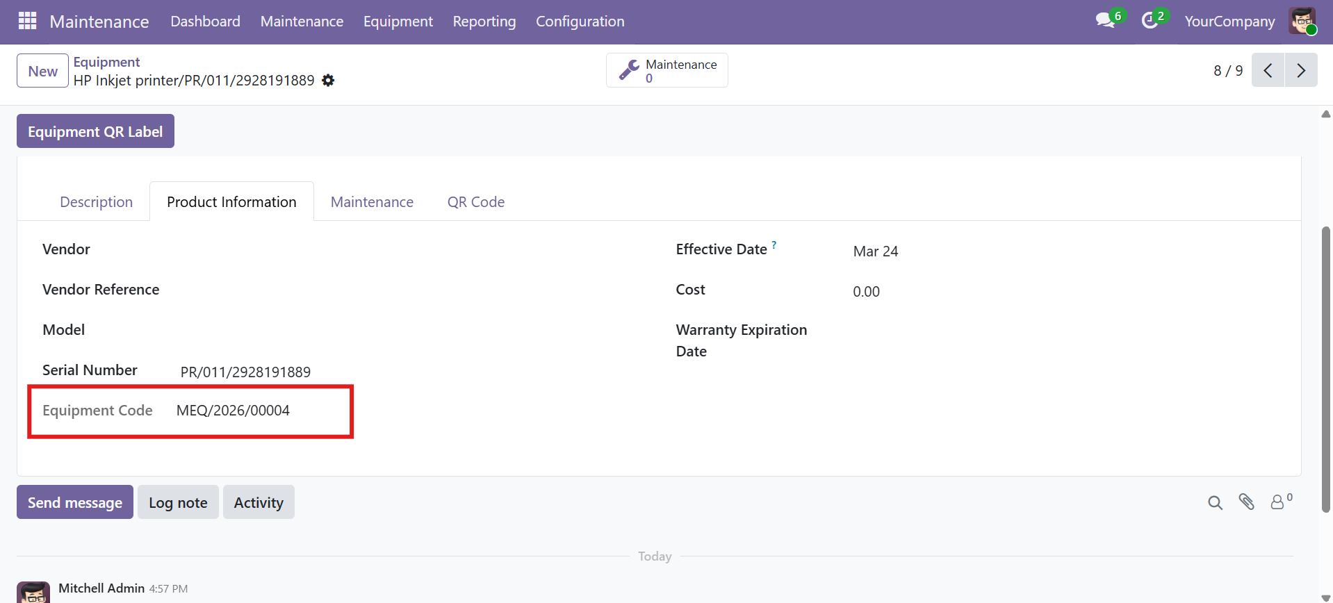 Equipment code successfully generated and displayed