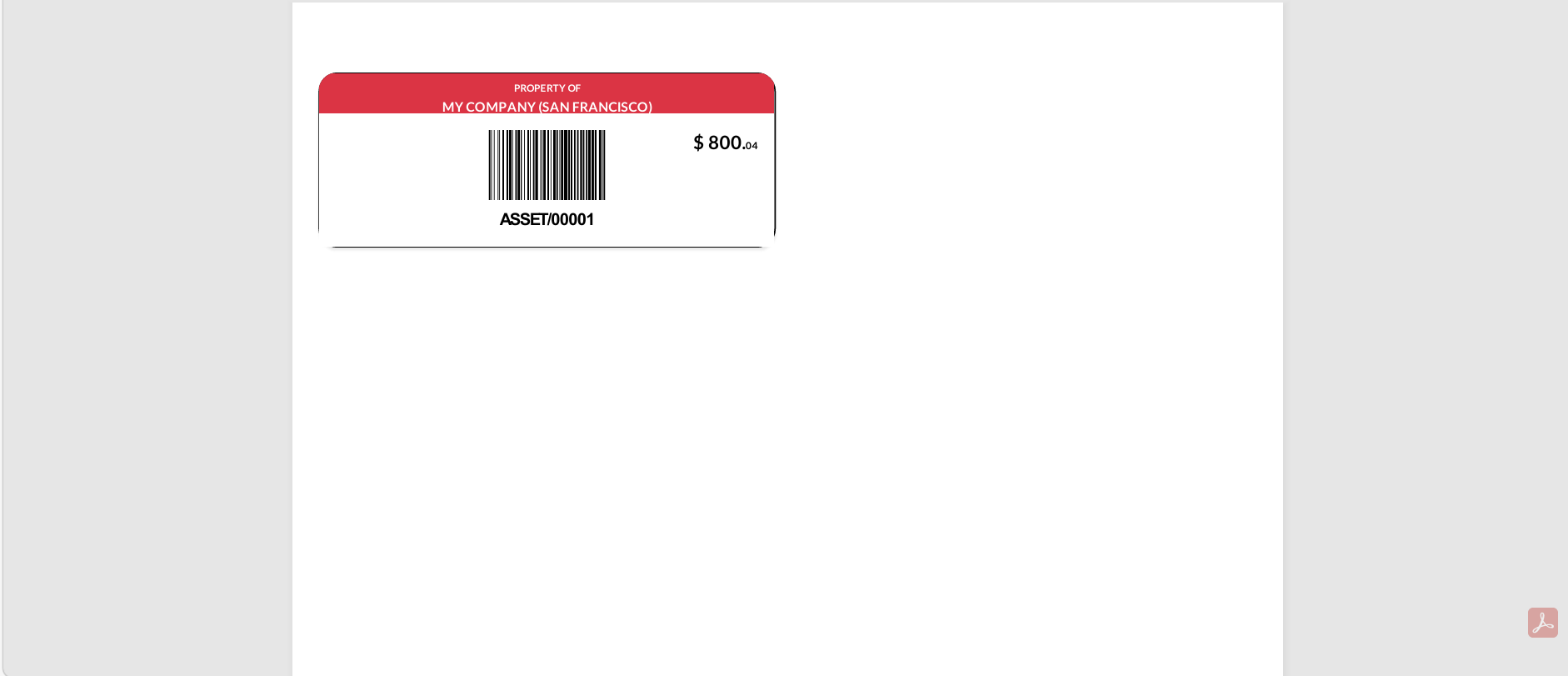 Printed barcode label showing company name, barcode, asset code ASSET/00001, and purchase price