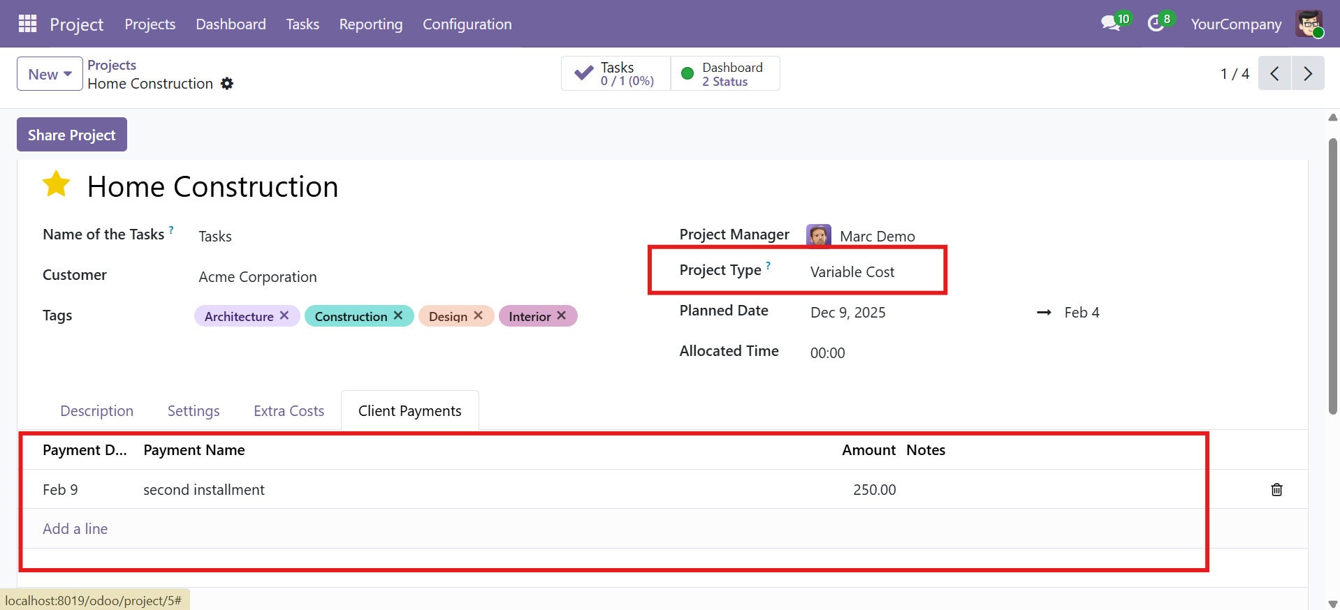 Client Payments tab