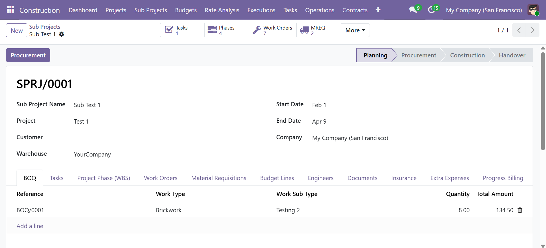 Sub Project Form View