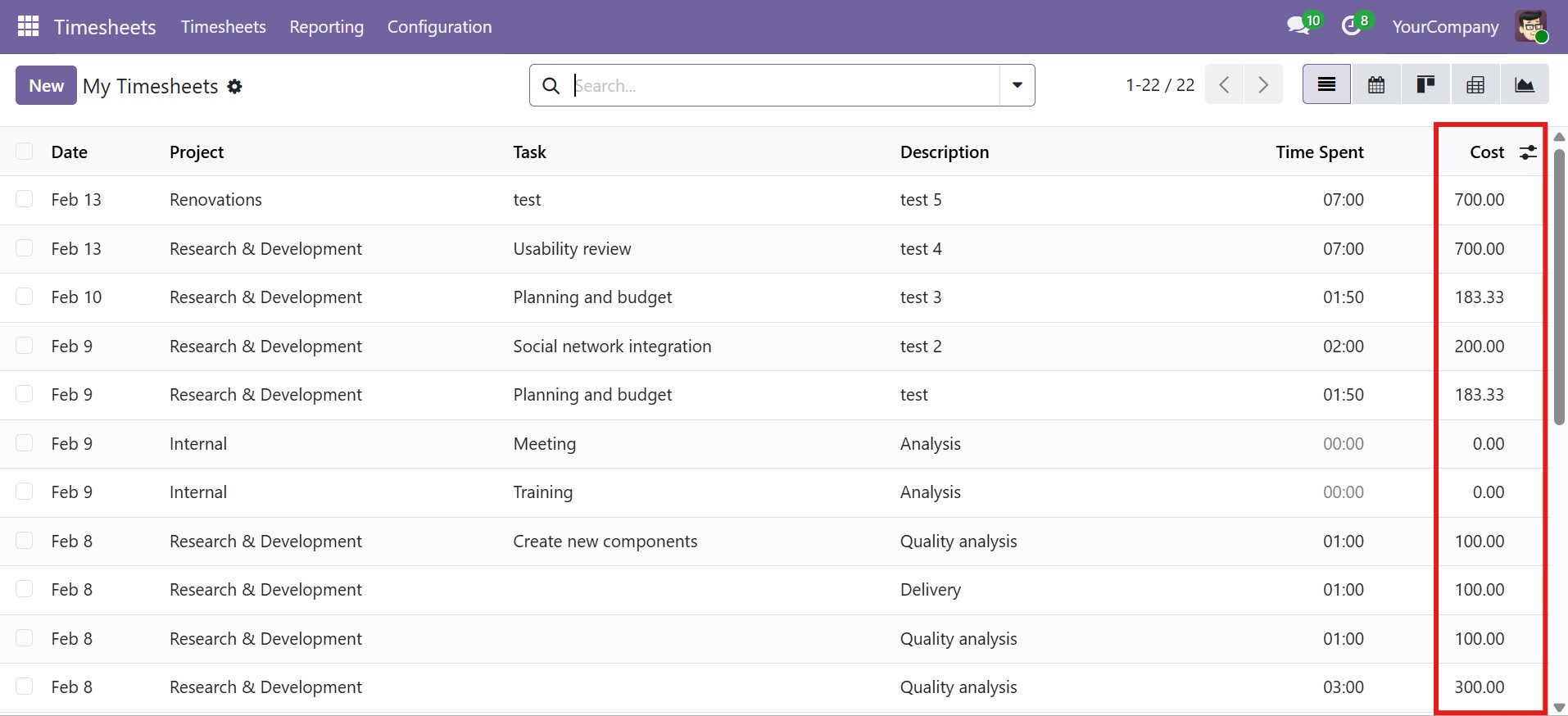 Timesheet with Cost field