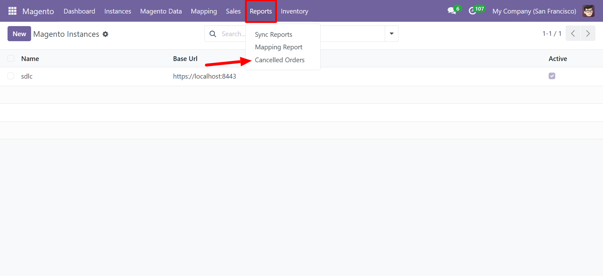 Reports menu showing Cancelled Orders option