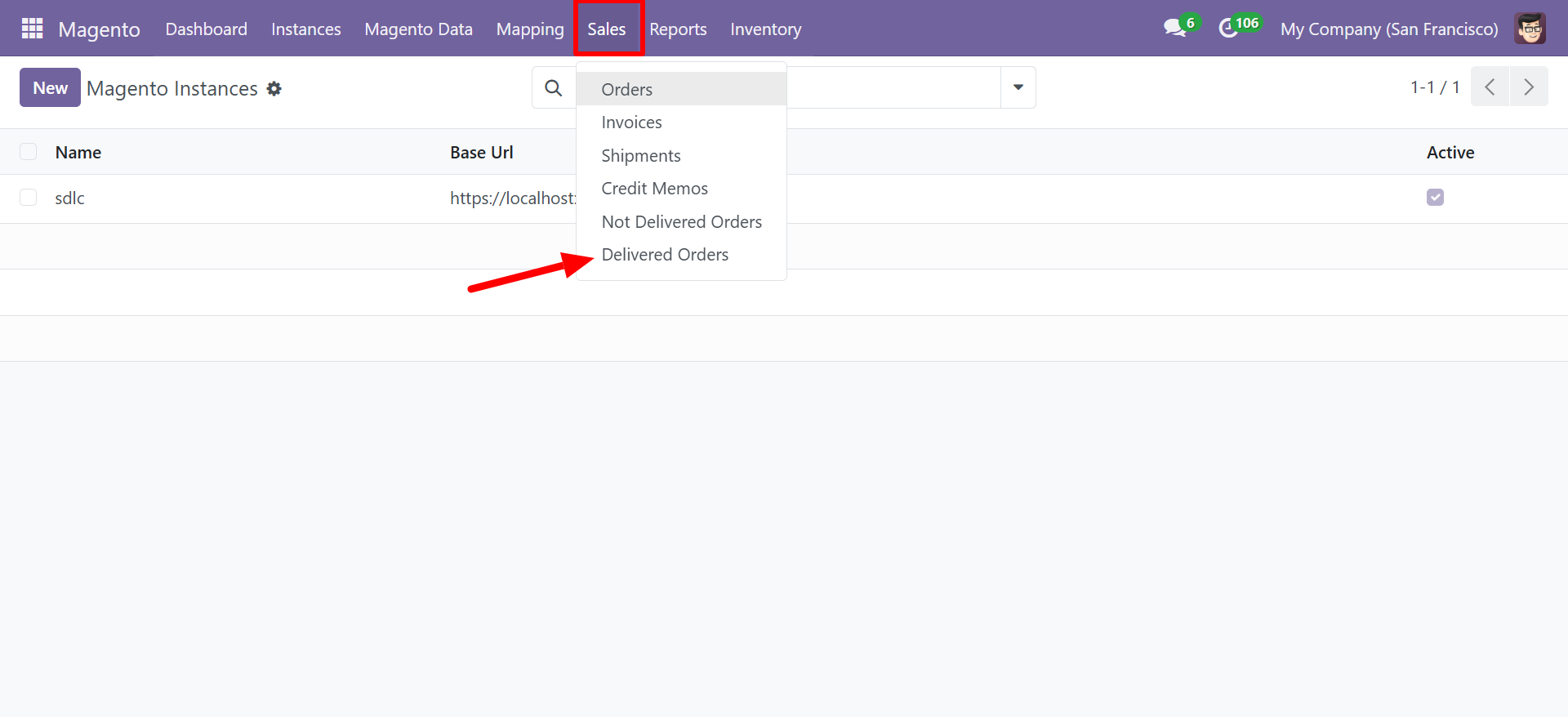 Sales menu showing Delivered Orders option