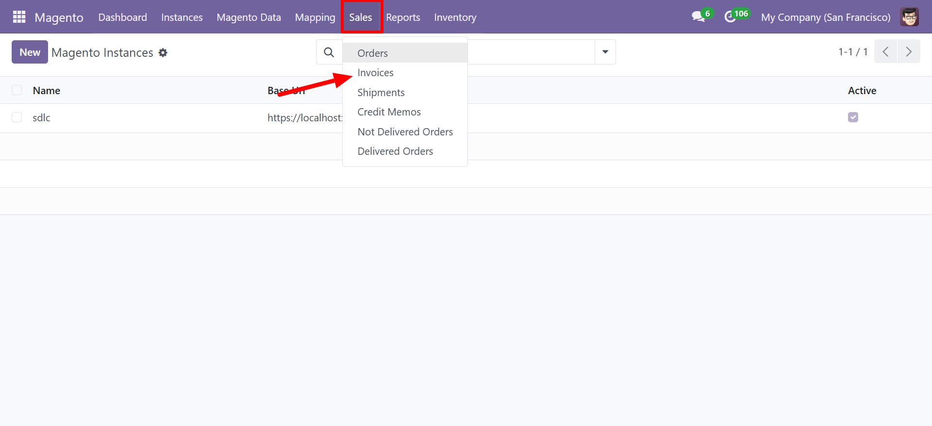 Sales menu showing Invoices option