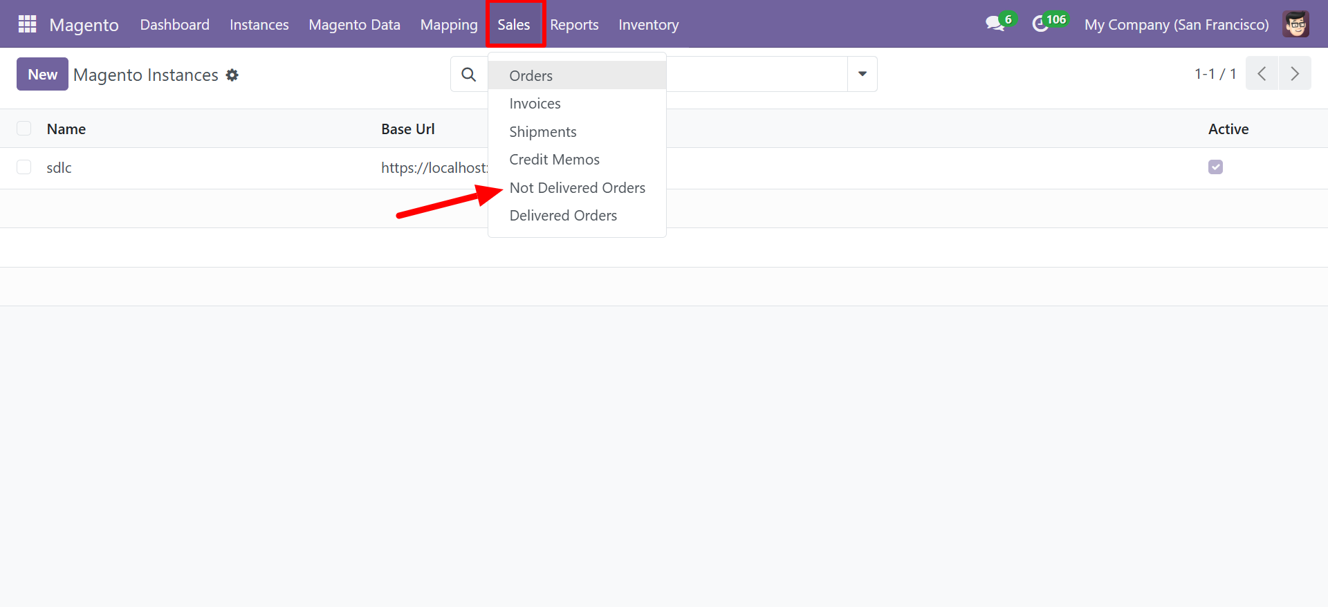 Sales menu showing Not Delivered Orders option