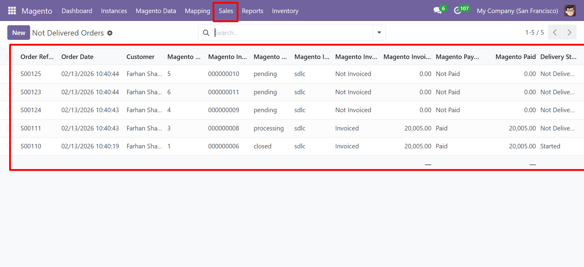 Not Delivered Orders list view