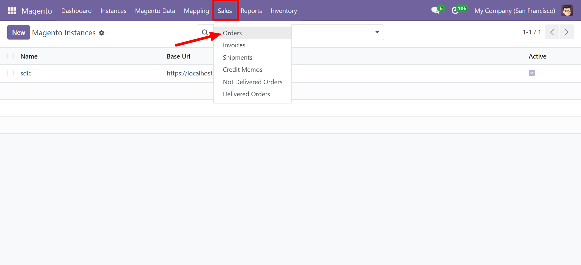 Sales menu showing order options