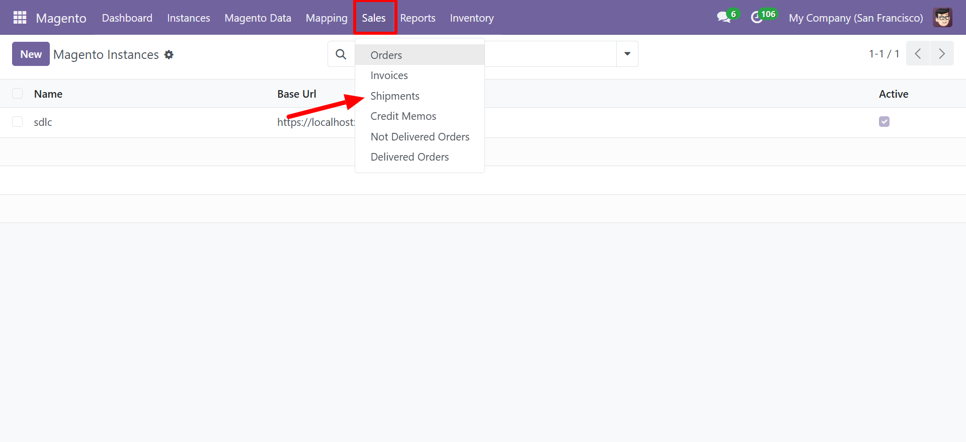 Sales menu showing Shipments option