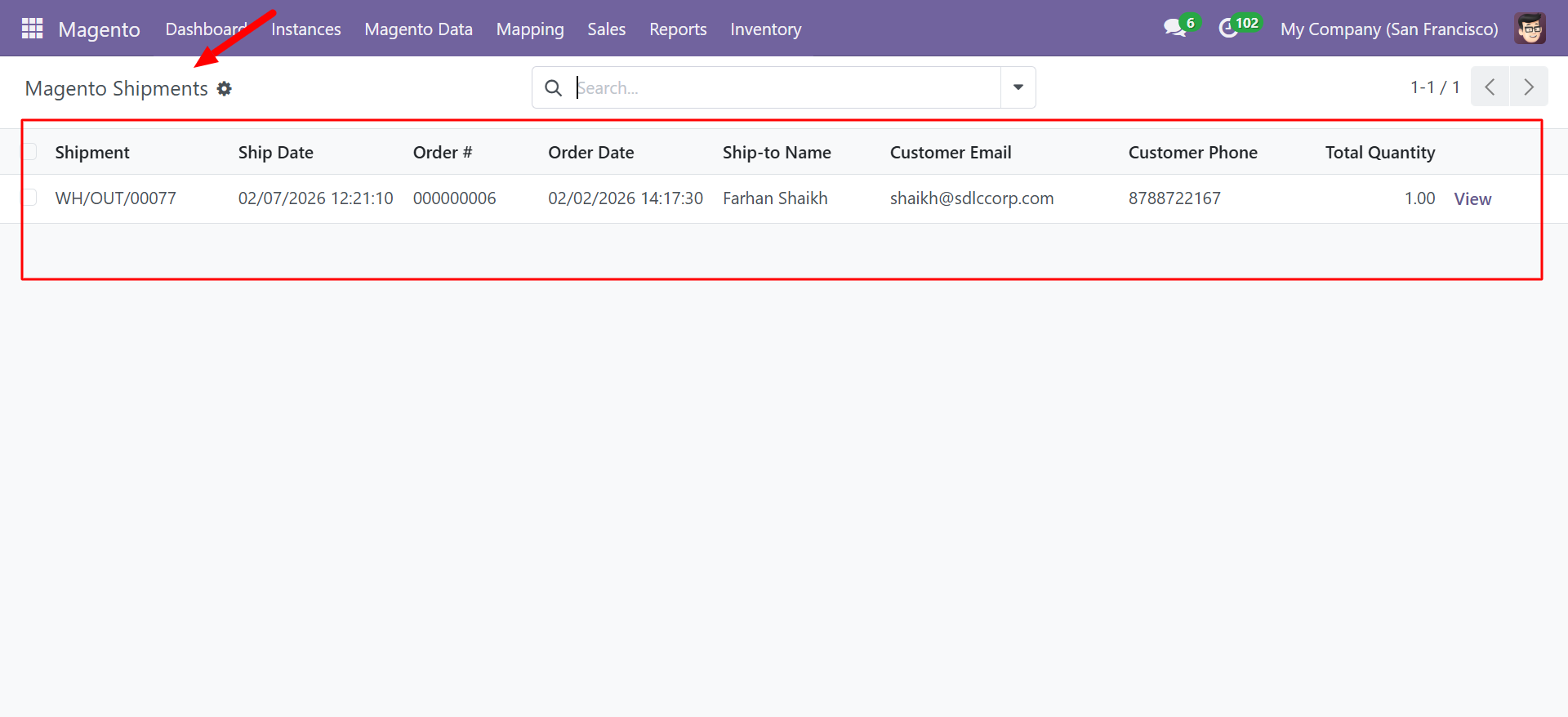 Magento Shipments list view
