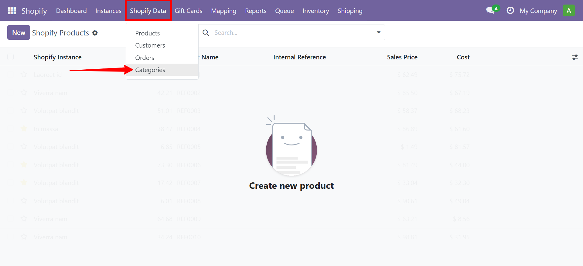 Shopify Data menu showing Categories option