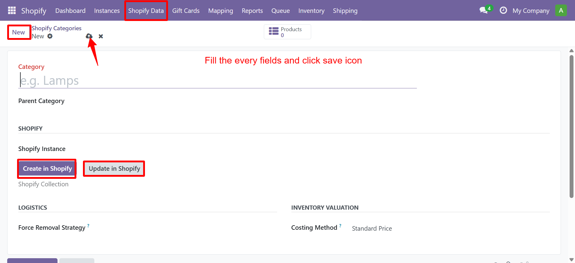 Shopify Category form with Create and Update in Shopify buttons