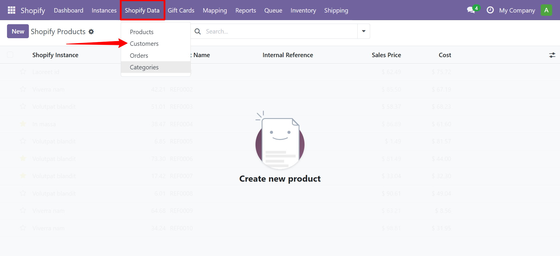 Navigating to Shopify Data Customers menu