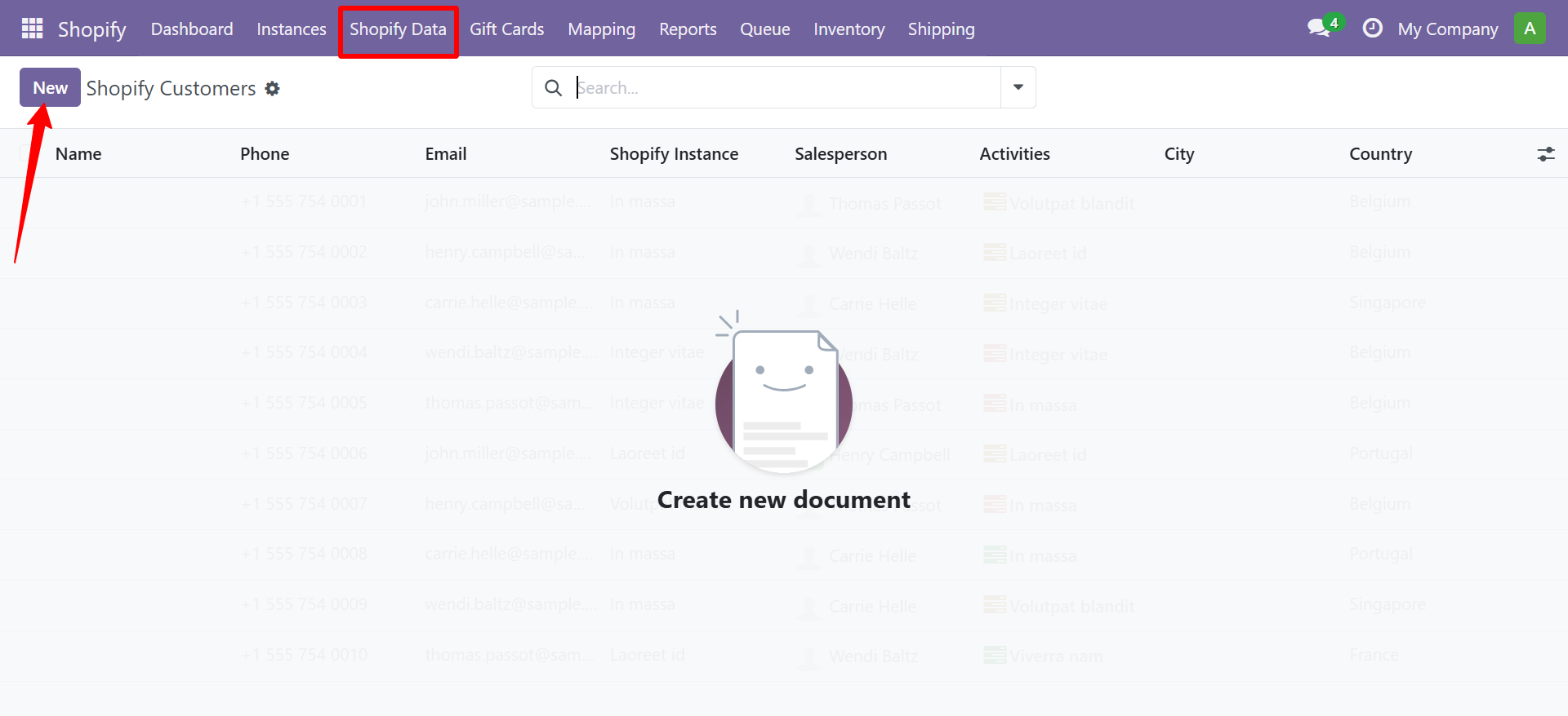 Shopify Customers list view
