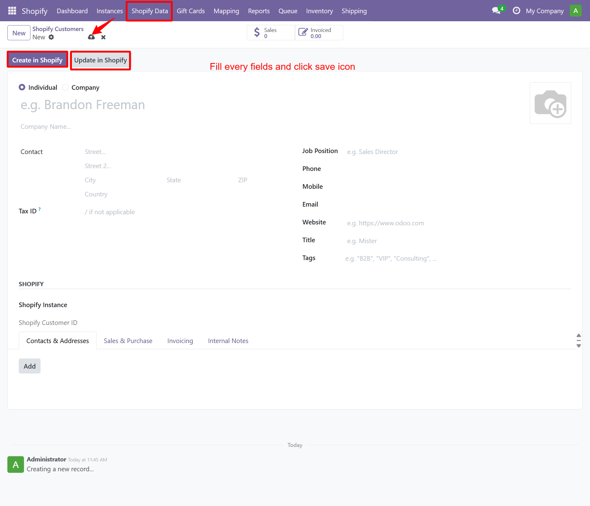 Shopify Customer form with Create and Update buttons