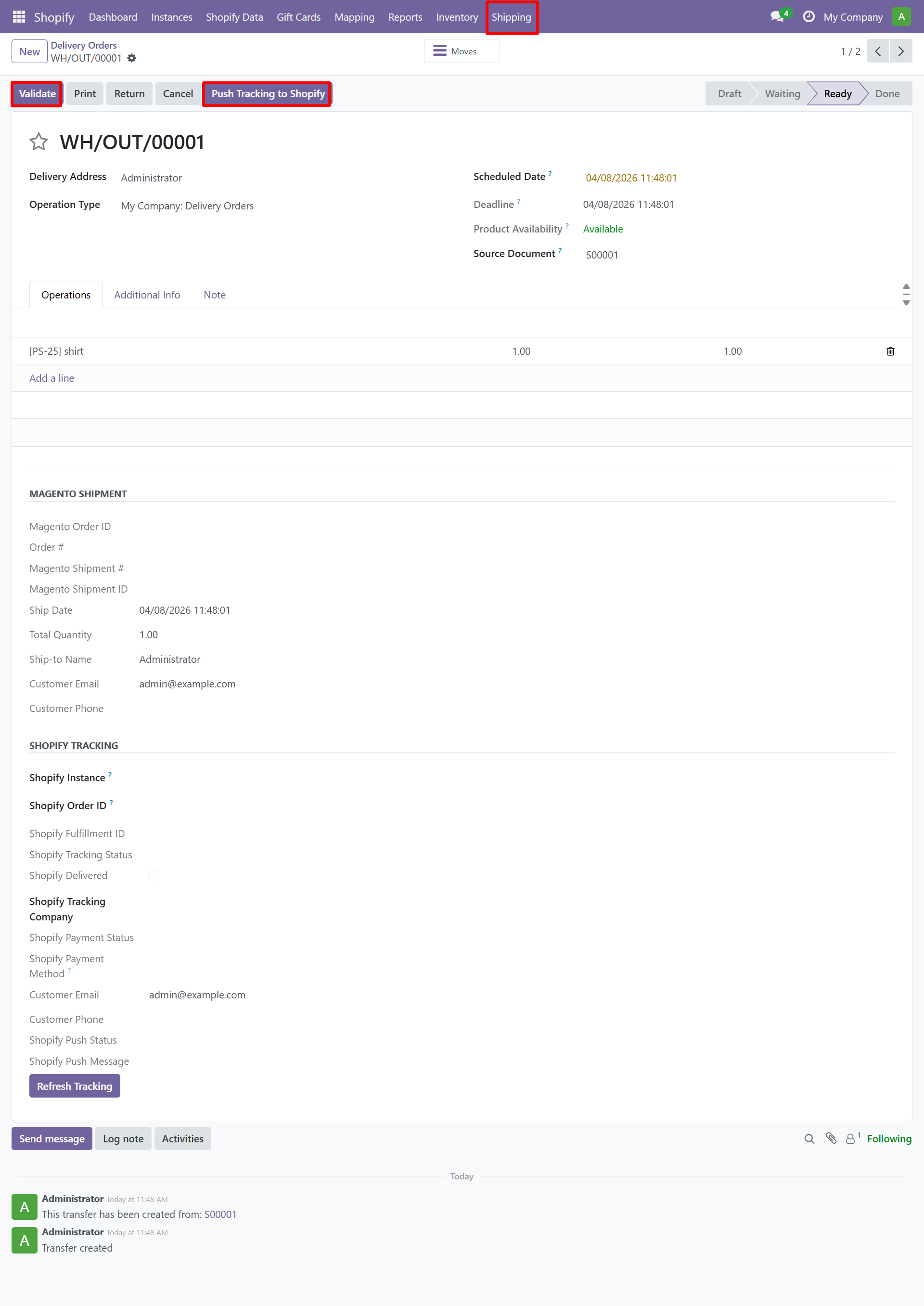 Delivery Order detail with Push Tracking to Shopify button
