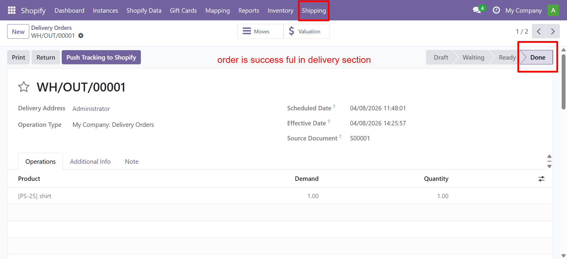Delivery Order with Done status