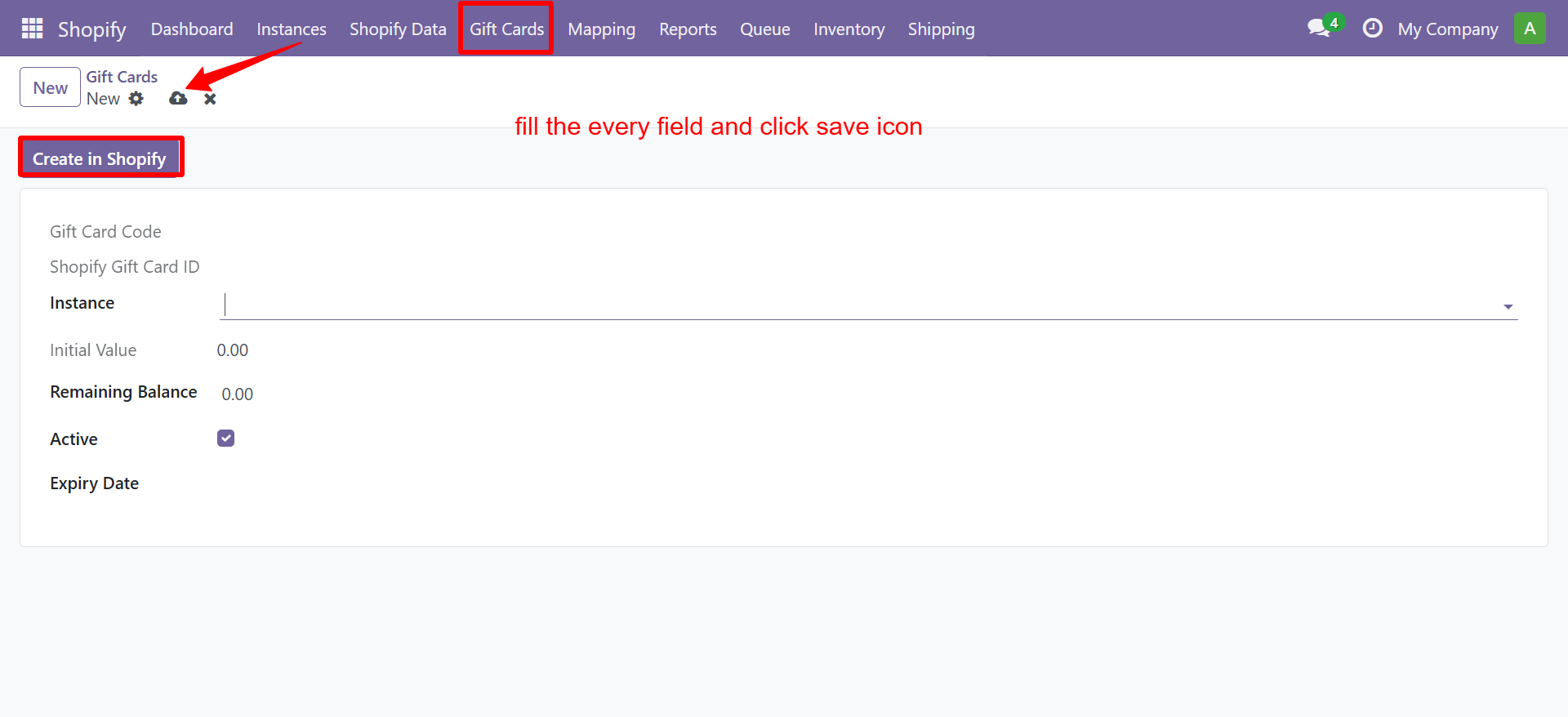 Gift Card form with Create in Shopify button
