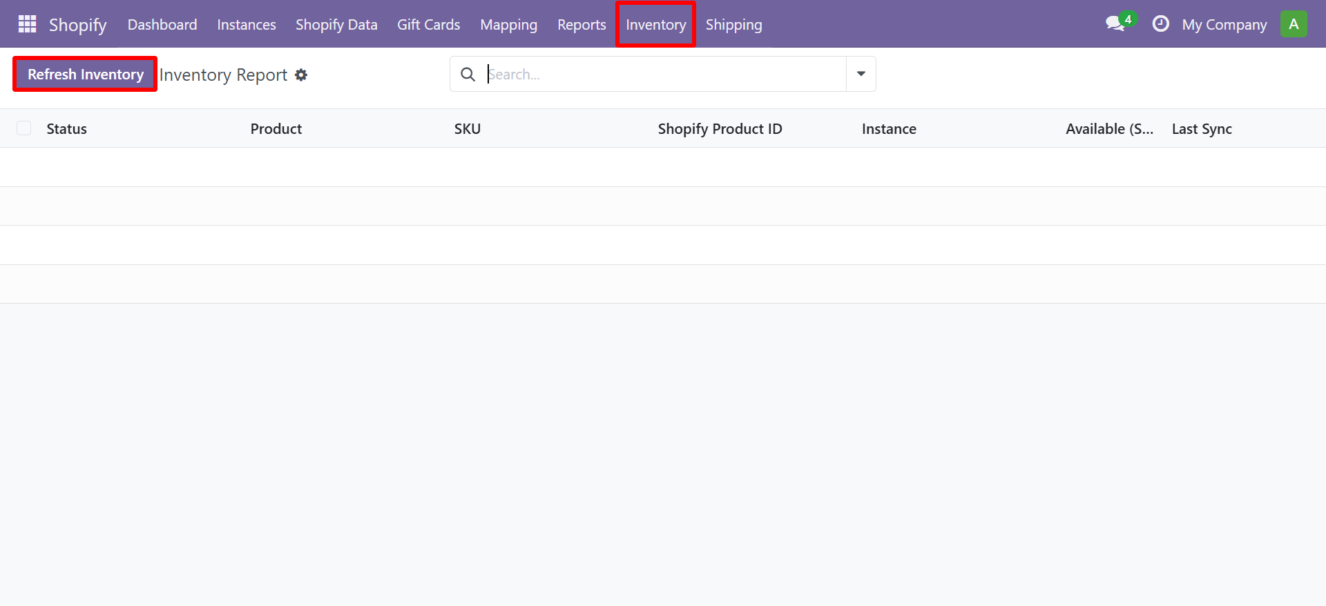 Shopify Inventory Report with Refresh Inventory button