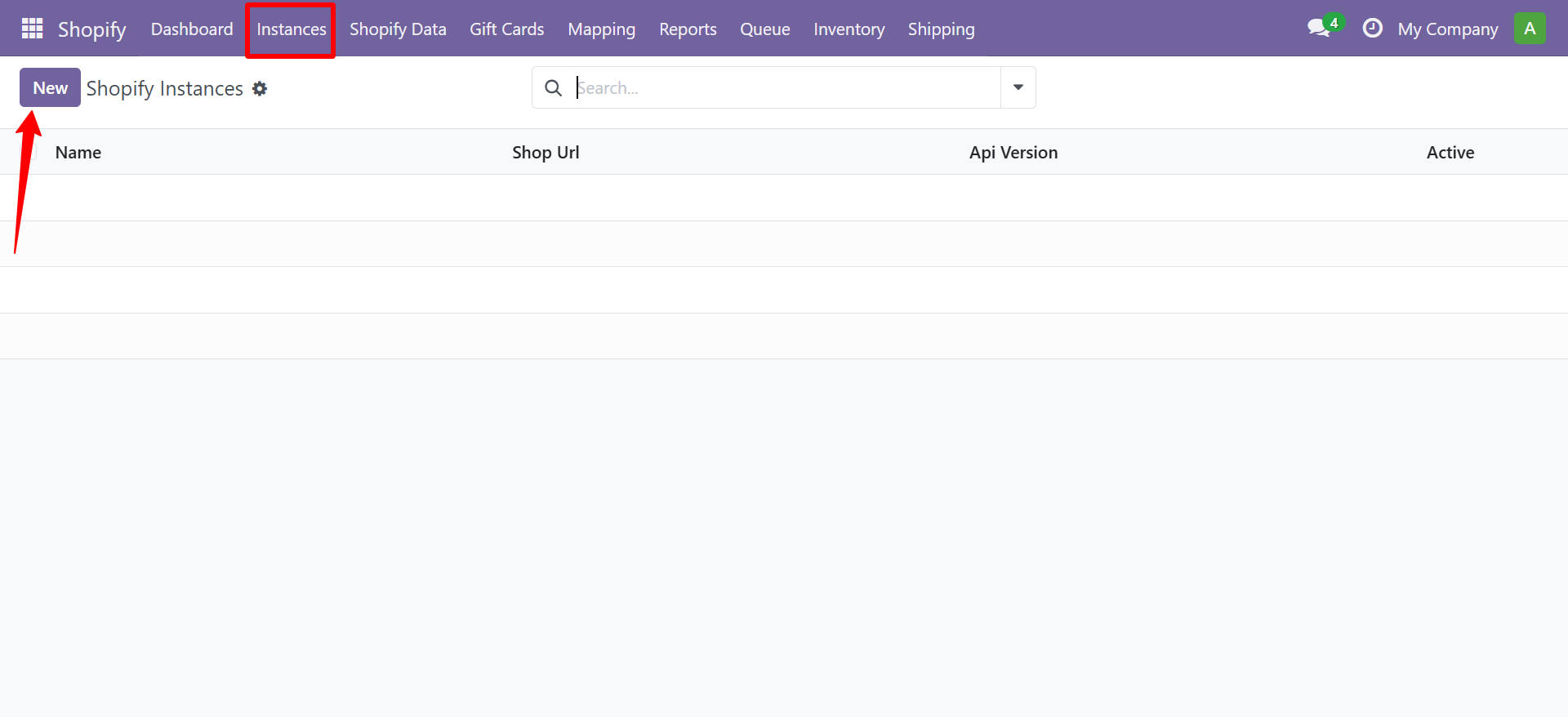 Shopify Instances list view with New button