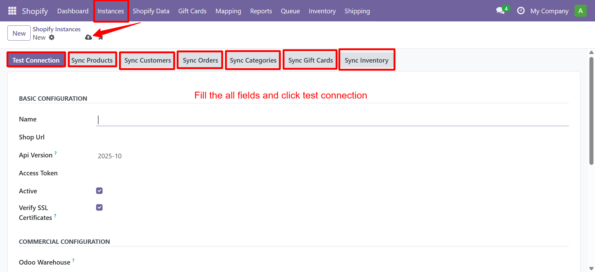 Shopify Instance configuration form with sync buttons