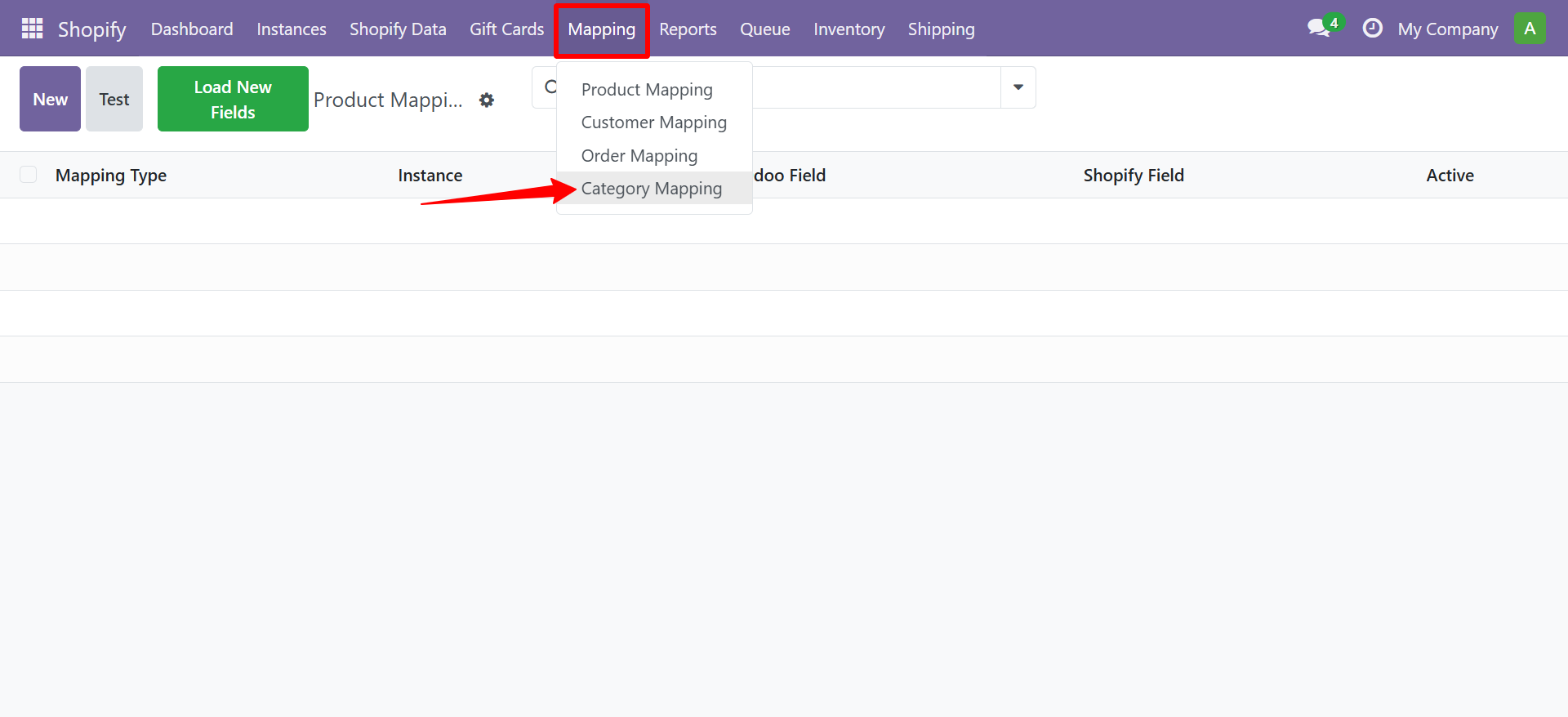 Mapping menu with Category Mapping option