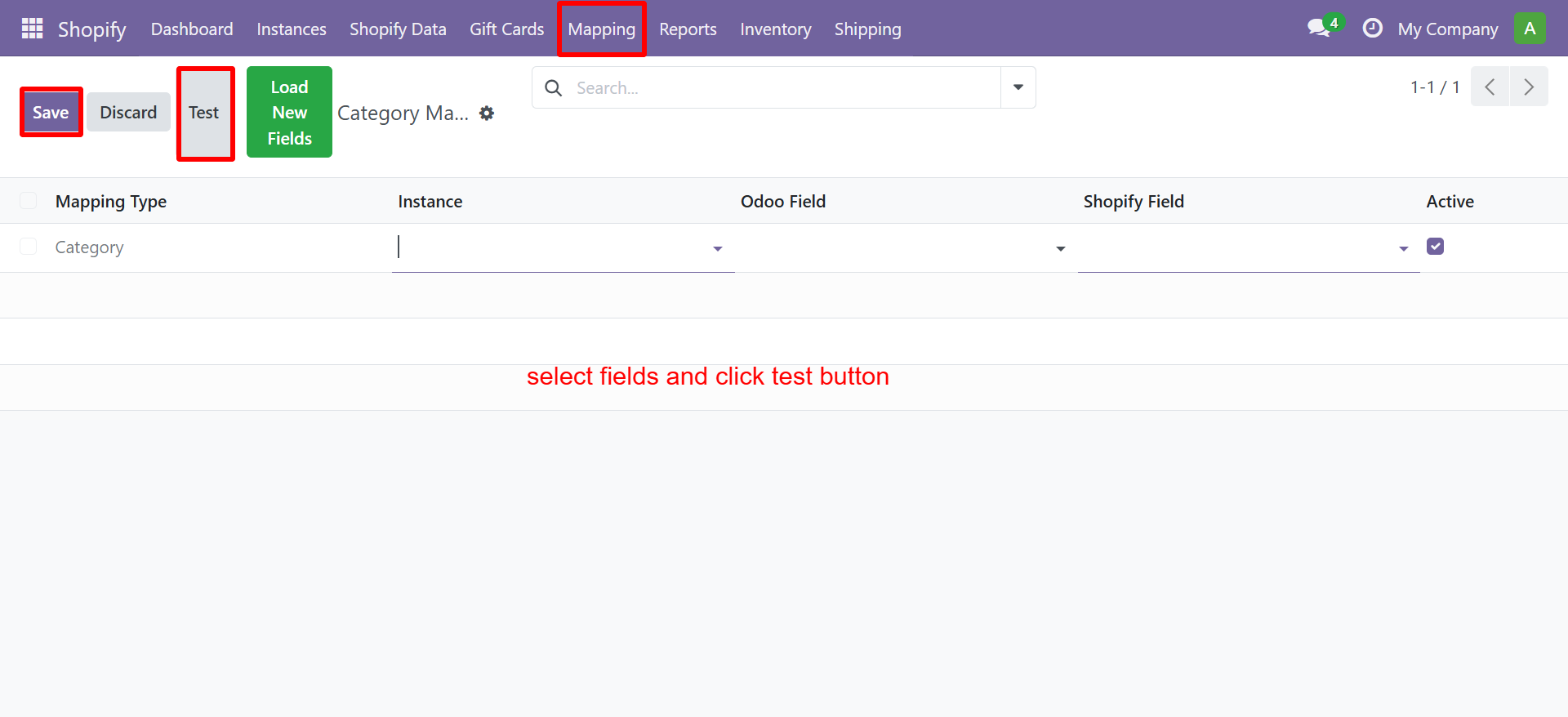 Category Mapping form - select fields and click Test