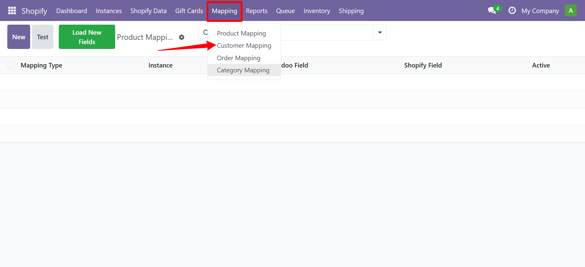Mapping menu with Customer Mapping option