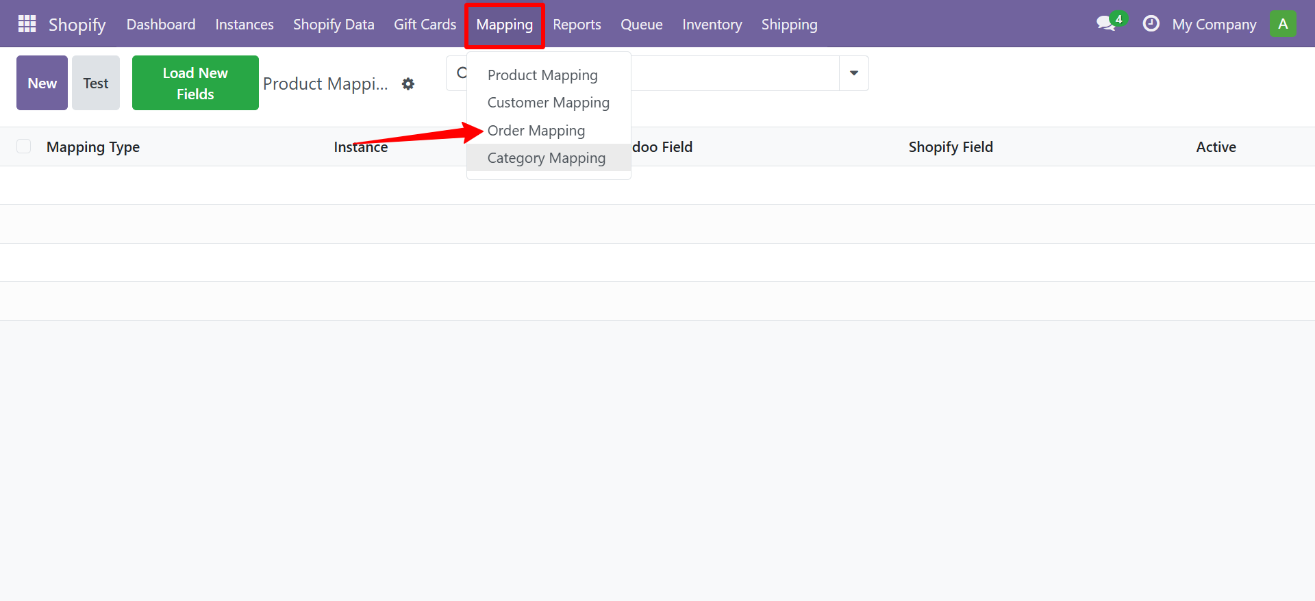 Mapping menu with Order Mapping option