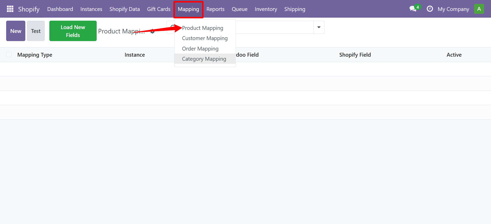 Mapping menu with Product Mapping option